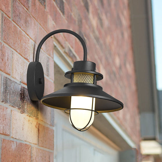 Rustic Cone Metal Wall Lighting: 1-Head Black Courtyard Wall Mount Lamp