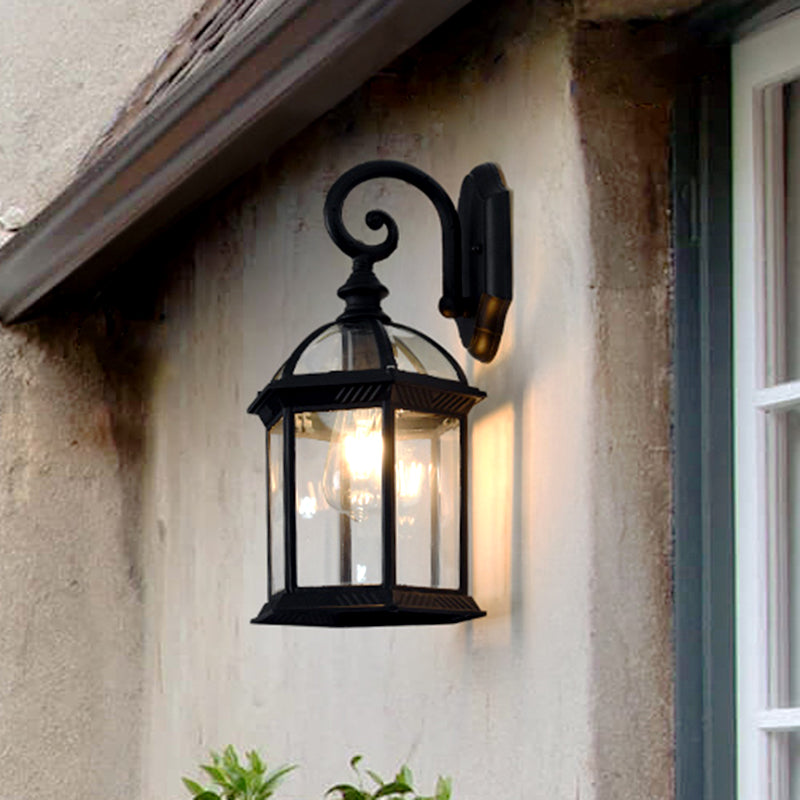 Antique Black Patio Wall Light: Clear Glass Pavilion Wall Lighting with 1 Bulb