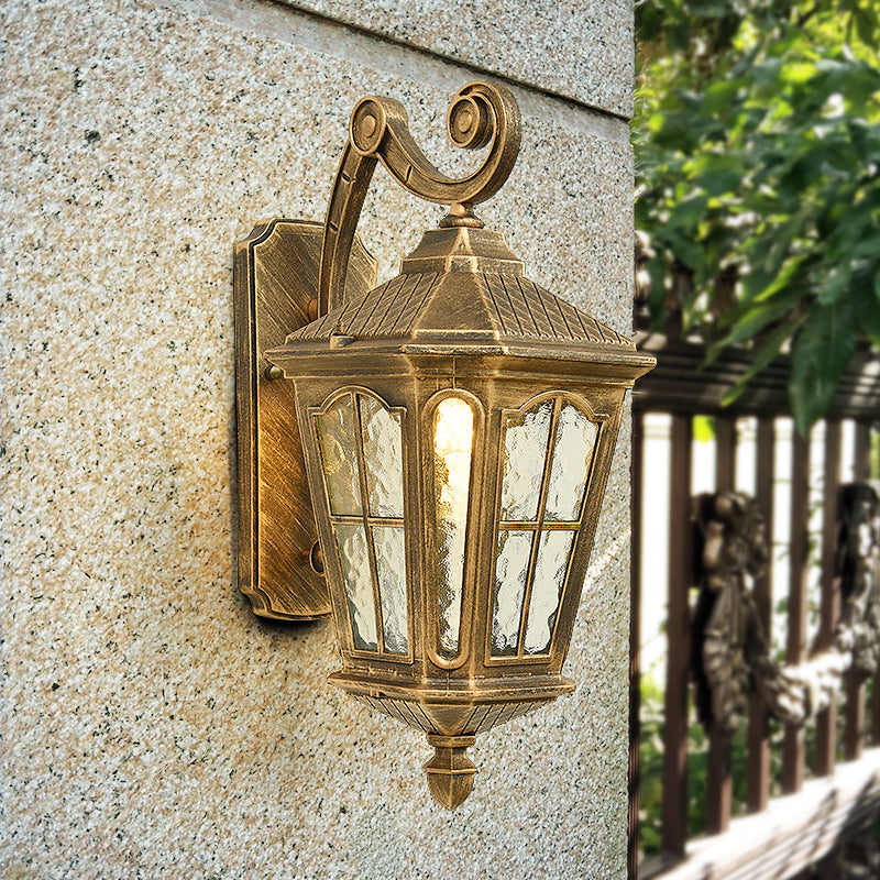 Traditional Dimpled Glass Lantern Porch Wall Light, Up/Down, 9.5"/12" W, 1-Bulb, Black/Brass Mounted