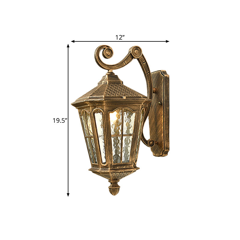 Traditional Dimpled Glass Lantern Porch Wall Light, Up/Down, 9.5"/12" W, 1-Bulb, Black/Brass Mounted
