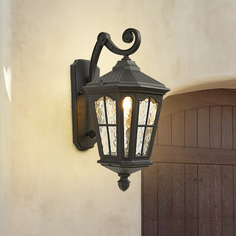 Traditional Dimpled Glass Lantern Porch Wall Light, Up/Down, 9.5"/12" W, 1-Bulb, Black/Brass Mounted