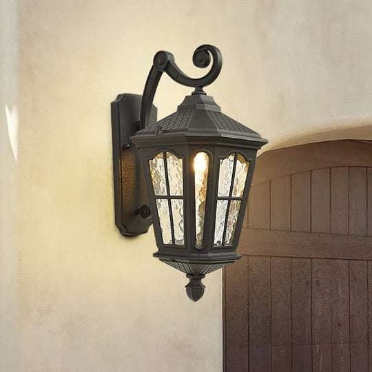 Traditional Dimpled Glass Lantern Porch Wall Light, Up/Down, 9.5"/12" W, 1-Bulb, Black/Brass Mounted