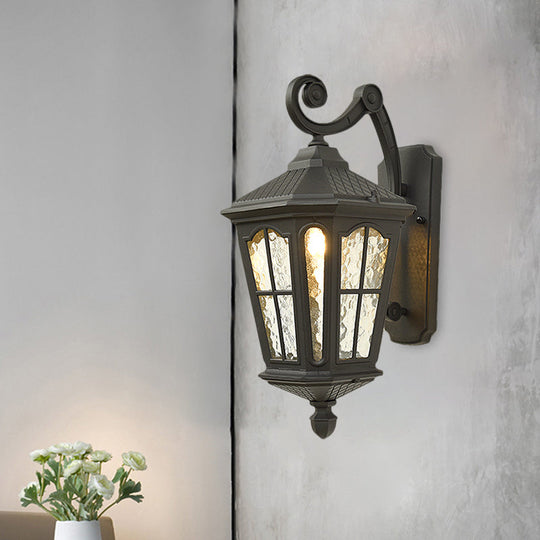 Traditional Dimpled Glass Lantern Porch Wall Light, Up/Down, 9.5"/12" W, 1-Bulb, Black/Brass Mounted