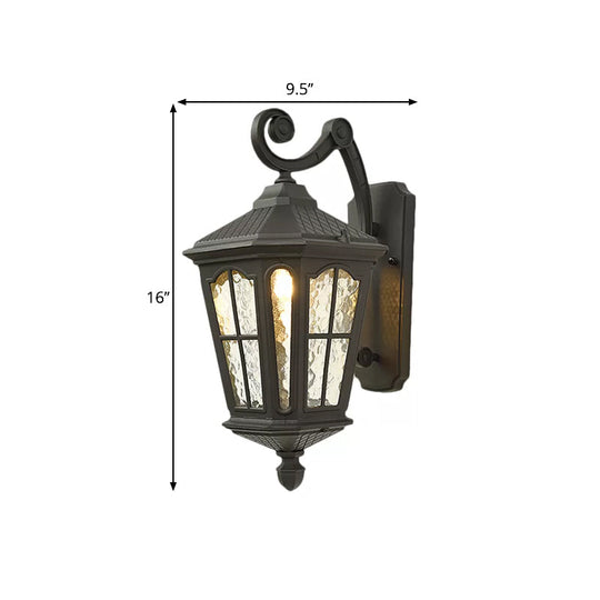 Traditional Dimpled Glass Lantern Porch Wall Light, Up/Down, 9.5"/12" W, 1-Bulb, Black/Brass Mounted