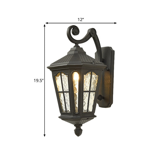 Traditional Dimpled Glass Lantern Porch Wall Light, Up/Down, 9.5"/12" W, 1-Bulb, Black/Brass Mounted