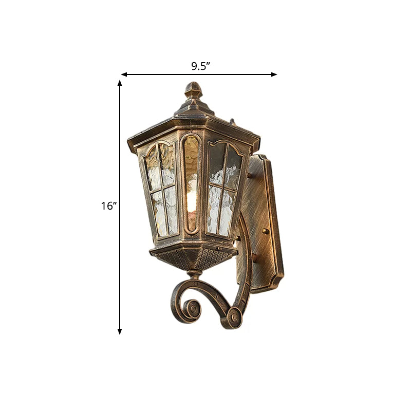 Traditional Dimpled Glass Lantern Porch Wall Light, Up/Down, 9.5"/12" W, 1-Bulb, Black/Brass Mounted
