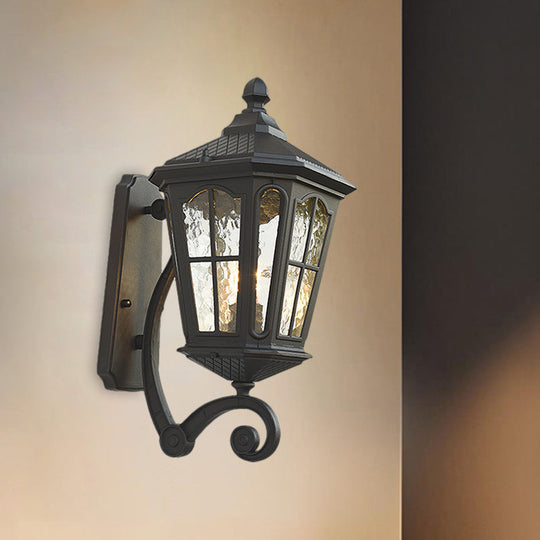 Traditional Dimpled Glass Lantern Porch Wall Light, Up/Down, 9.5"/12" W, 1-Bulb, Black/Brass Mounted