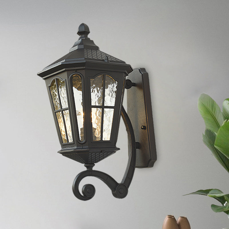 Traditional Dimpled Glass Lantern Porch Wall Light, Up/Down, 9.5"/12" W, 1-Bulb, Black/Brass Mounted