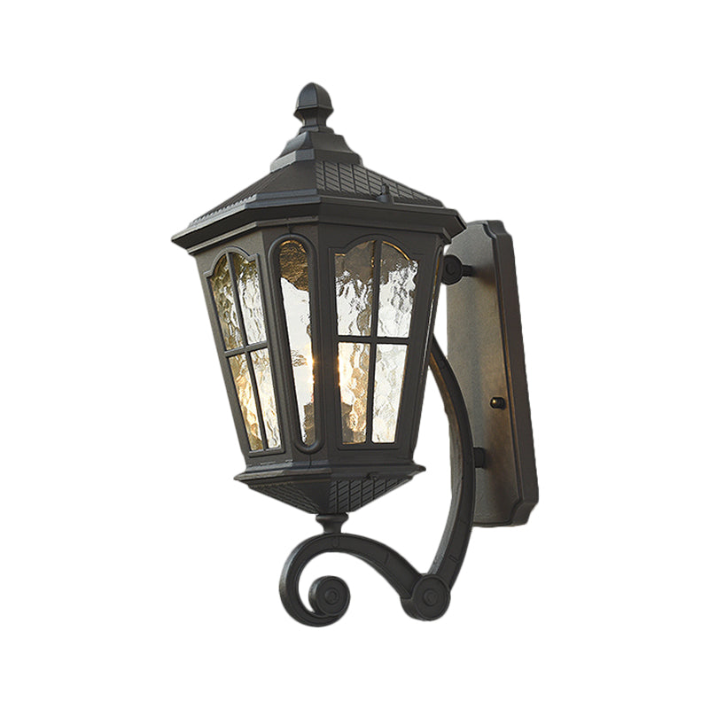 Traditional Dimpled Glass Lantern Porch Wall Light, Up/Down, 9.5"/12" W, 1-Bulb, Black/Brass Mounted