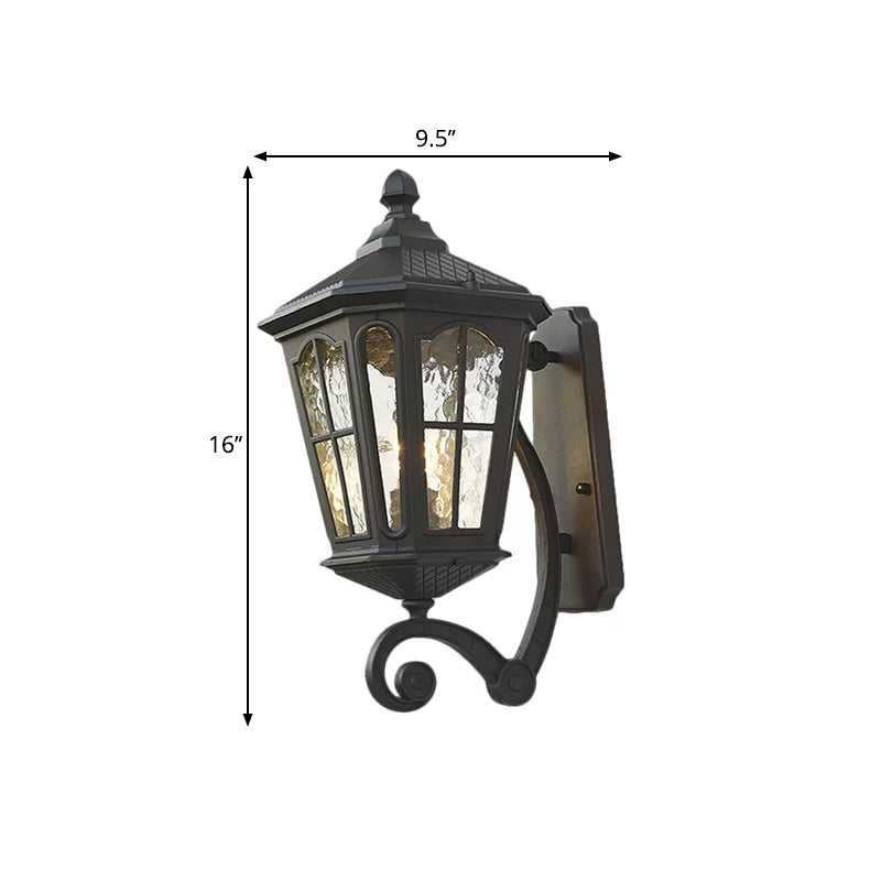 Traditional Dimpled Glass Lantern Porch Wall Light, Up/Down, 9.5"/12" W, 1-Bulb, Black/Brass Mounted