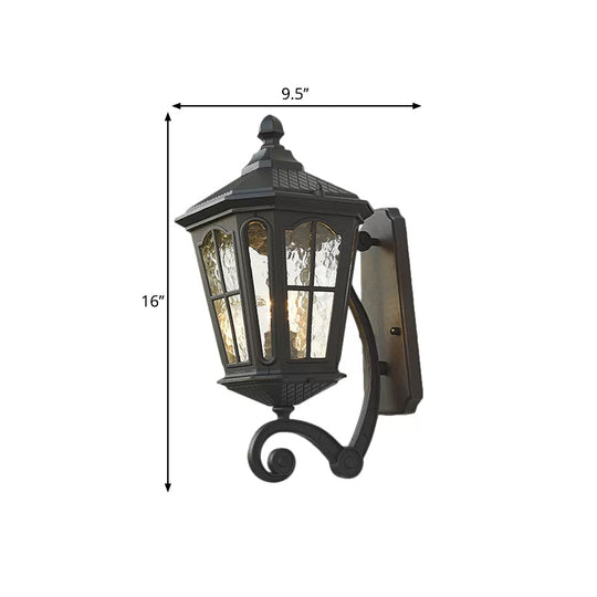 Traditional Dimpled Glass Lantern Porch Wall Light, Up/Down, 9.5"/12" W, 1-Bulb, Black/Brass Mounted
