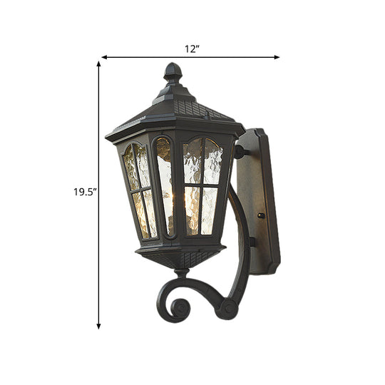 Traditional Dimpled Glass Lantern Porch Wall Light, Up/Down, 9.5"/12" W, 1-Bulb, Black/Brass Mounted