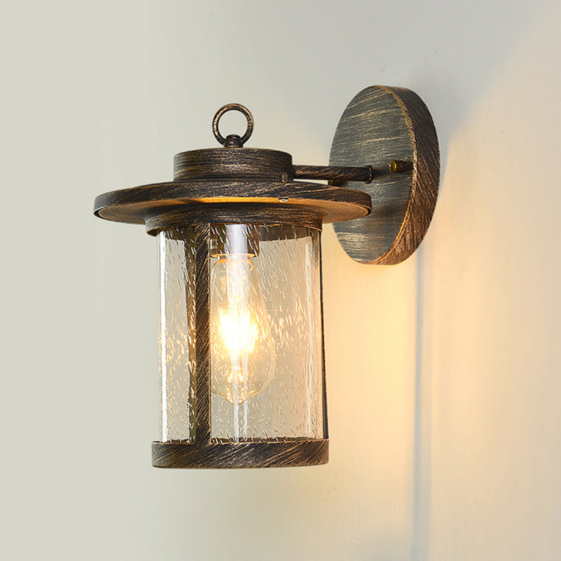 Black/Brass Cylinder Wall Light with Seedy Glass - Ideal for Warehouse - Wall Mounted