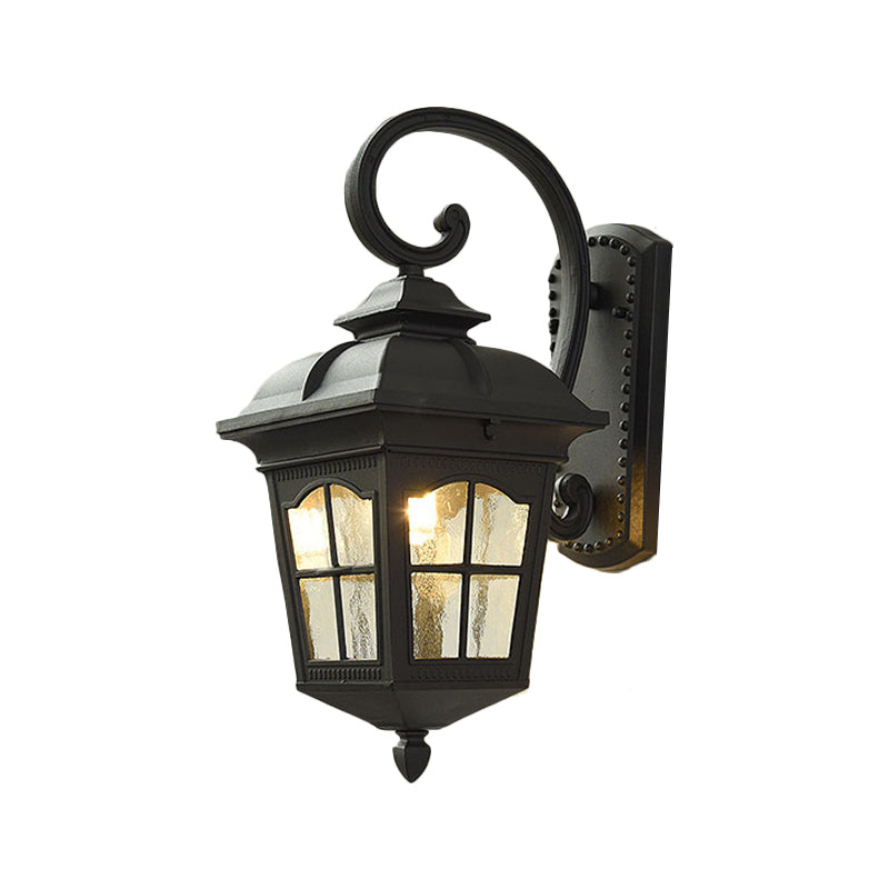 Antique Black Lantern Wall Lamp with Seedy Glass - 1 Light, Up/Down Curved Arm - 10"/12.5" W