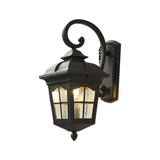 Antique Black Lantern Wall Lamp with Seedy Glass - 1 Light, Up/Down Curved Arm - 10"/12.5" W