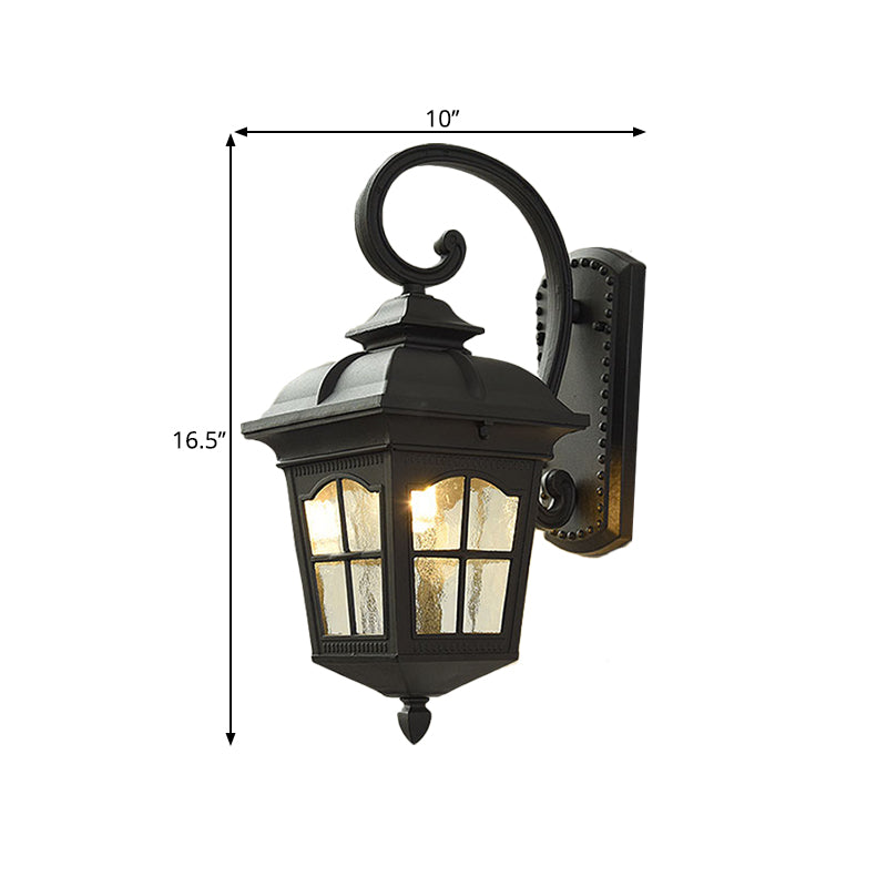 Antique Black Lantern Wall Lamp with Seedy Glass - 1 Light, Up/Down Curved Arm - 10"/12.5" W