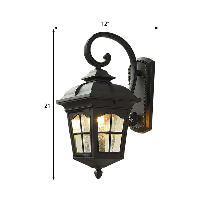 Antique Black Lantern Wall Lamp with Seedy Glass - 1 Light, Up/Down Curved Arm - 10"/12.5" W