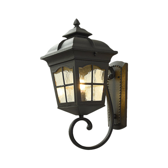 Antique Black Lantern Wall Lamp with Seedy Glass - 1 Light, Up/Down Curved Arm - 10"/12.5" W