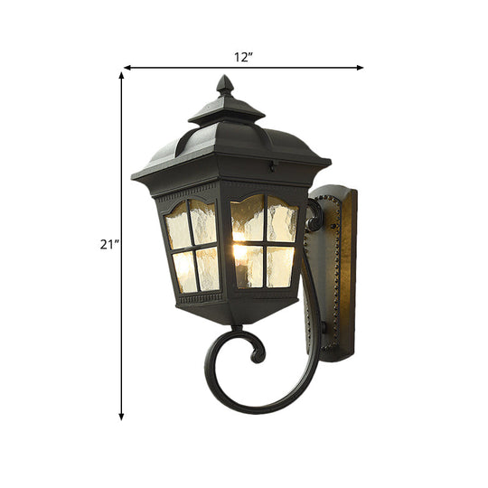 Antique Black Lantern Wall Lamp with Seedy Glass - 1 Light, Up/Down Curved Arm - 10"/12.5" W