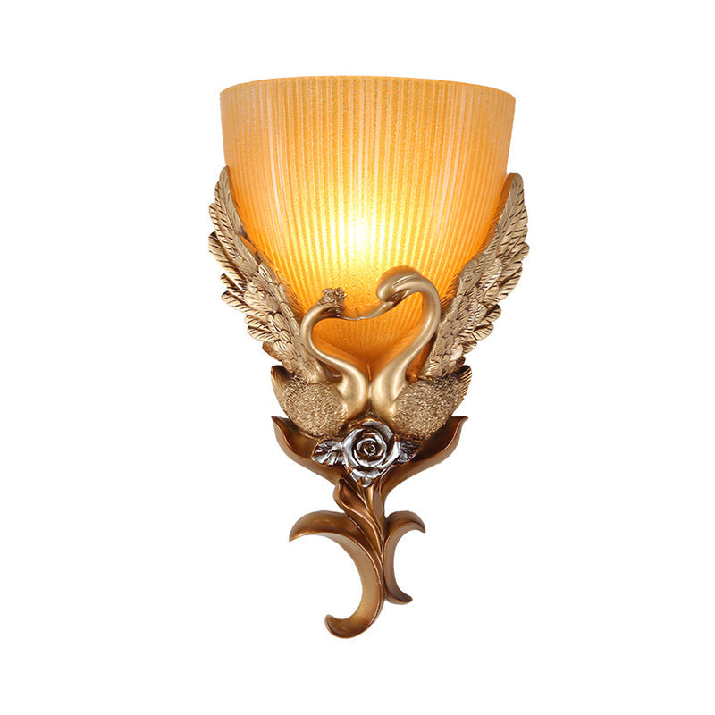 Classic Gold Resin Goose Wall Lamp with Amber Ribbed Glass Shade - Bedroom Lighting Idea