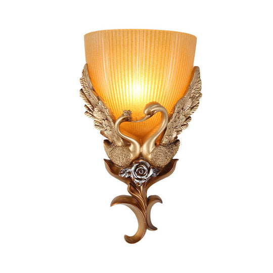Classic Gold Resin Goose Wall Lamp with Amber Ribbed Glass Shade - Bedroom Lighting Idea