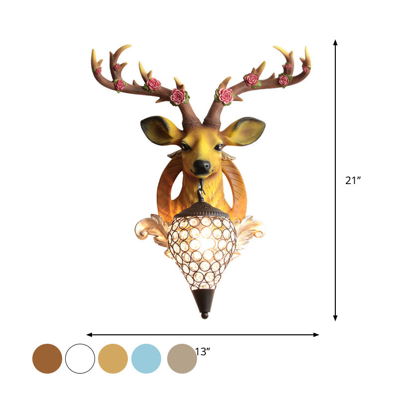 Rustic 1-Head Deer Wall Lamp with Crystal Shade in Gold/Grey/White