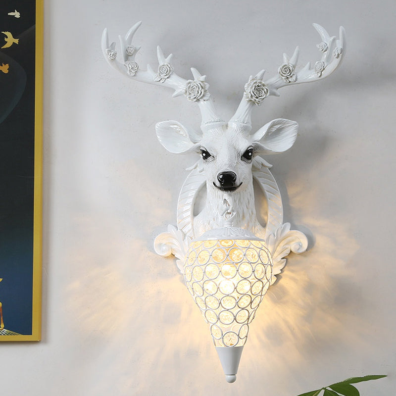 Rustic 1-Head Deer Wall Lamp with Crystal Shade in Gold/Grey/White