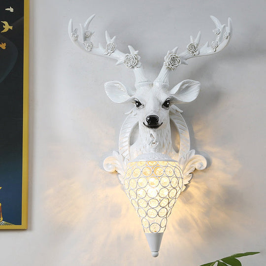 Rustic 1-Head Deer Wall Lamp with Crystal Shade in Gold/Grey/White