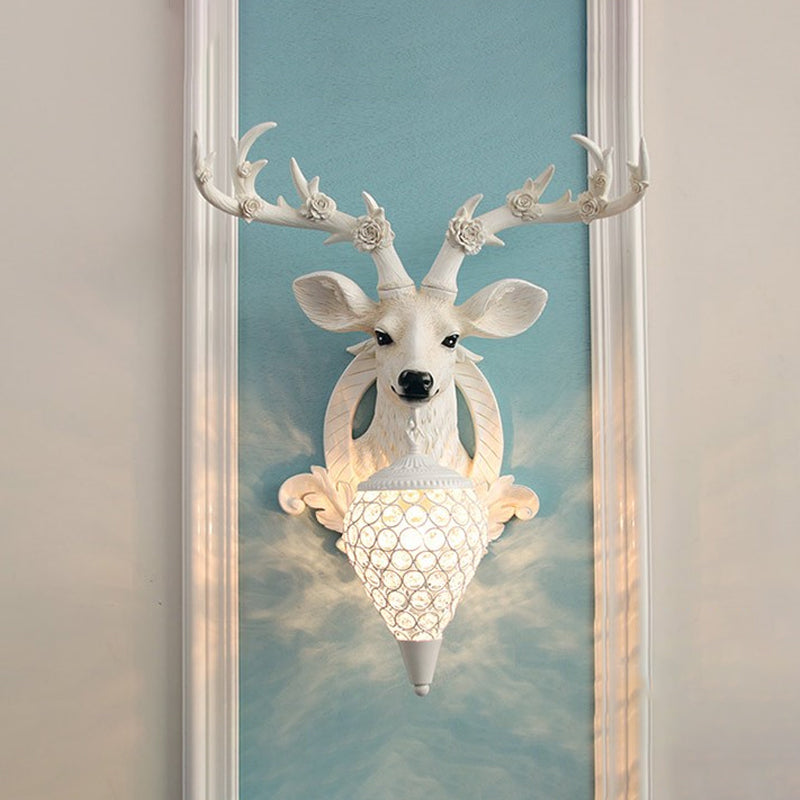 Rustic 1-Head Deer Wall Lamp with Crystal Shade in Gold/Grey/White