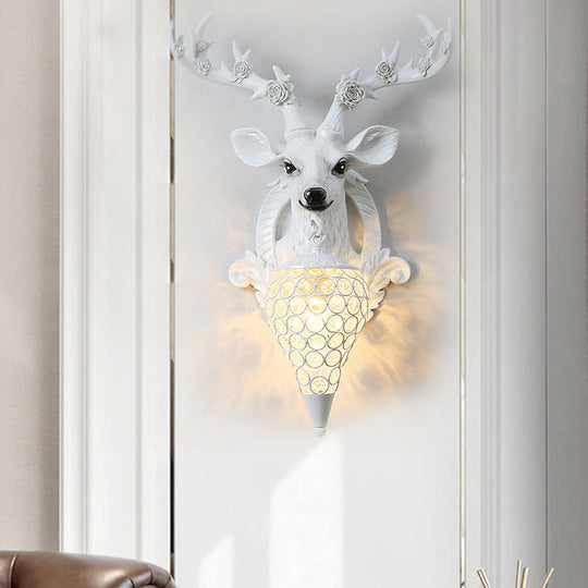 Rustic 1-Head Deer Wall Lamp with Crystal Shade in Gold/Grey/White