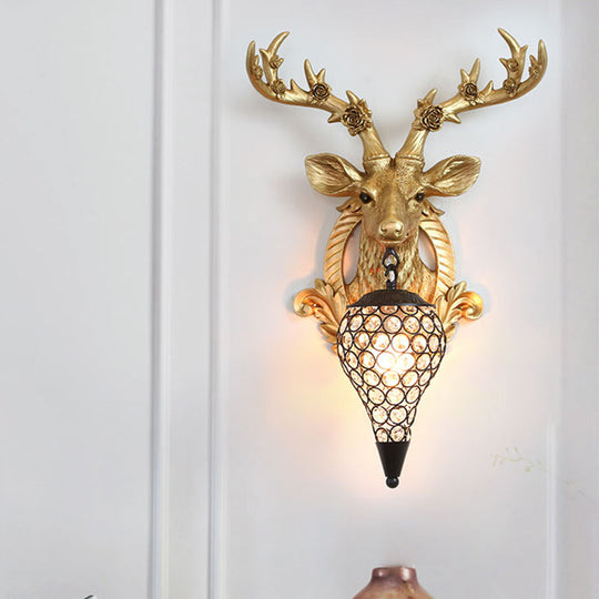 Rustic 1-Head Deer Wall Lamp with Crystal Shade in Gold/Grey/White