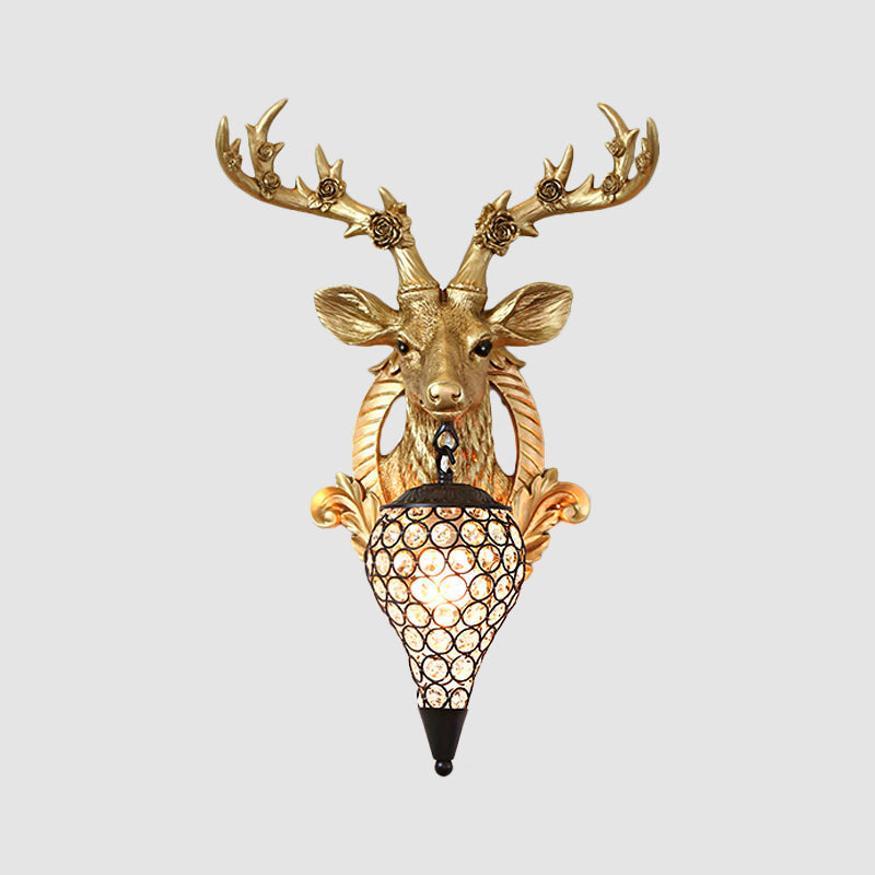 Rustic 1-Head Deer Wall Lamp with Crystal Shade in Gold/Grey/White