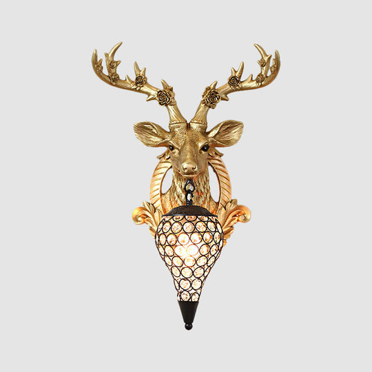 Rustic 1-Head Deer Wall Lamp with Crystal Shade in Gold/Grey/White