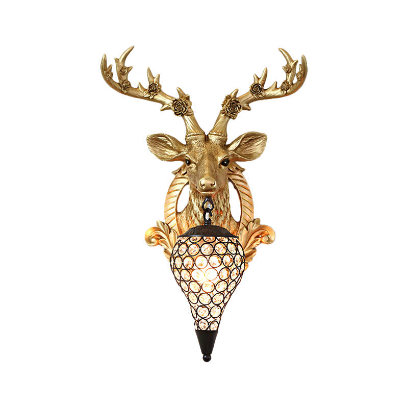 Rustic 1-Head Deer Wall Lamp with Crystal Shade in Gold/Grey/White