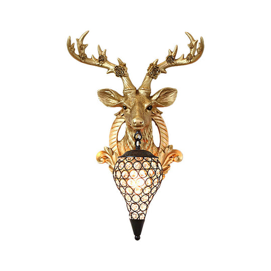 Rustic 1-Head Deer Wall Lamp with Crystal Shade in Gold/Grey/White