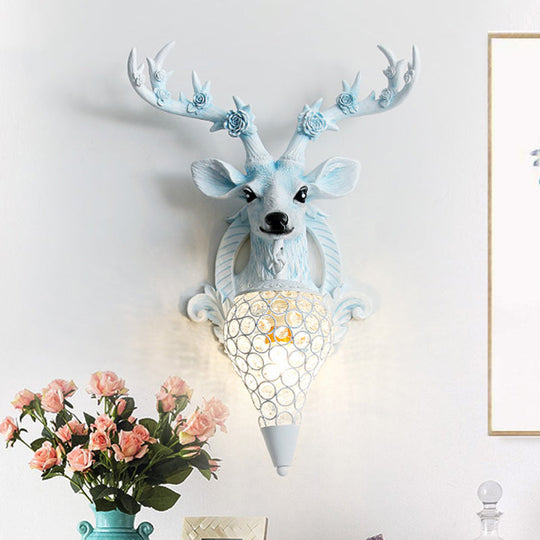 Rustic 1-Head Deer Wall Lamp with Crystal Shade in Gold/Grey/White