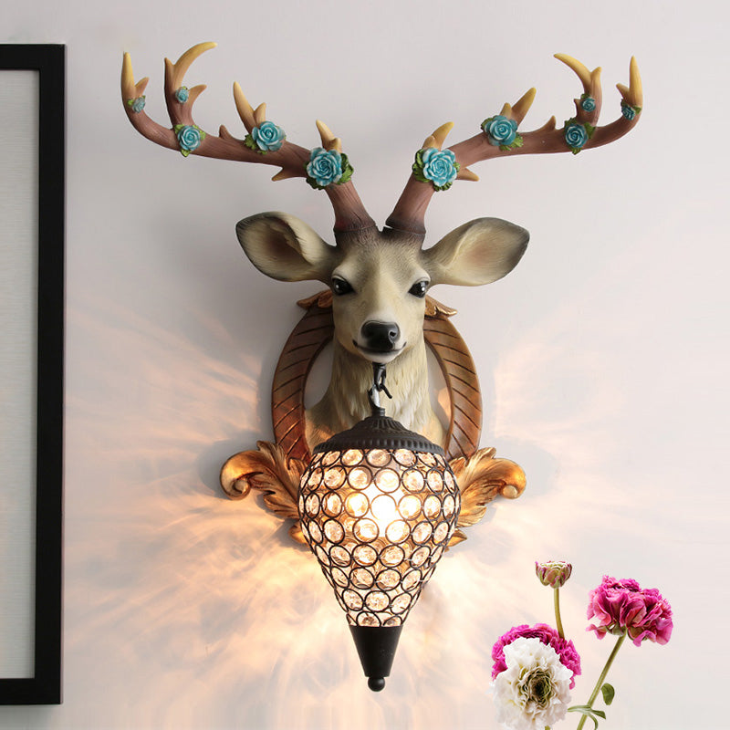 Rustic 1-Head Deer Wall Lamp with Crystal Shade in Gold/Grey/White