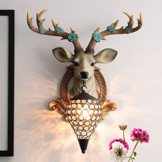 Rustic 1-Head Deer Wall Lamp with Crystal Shade in Gold/Grey/White