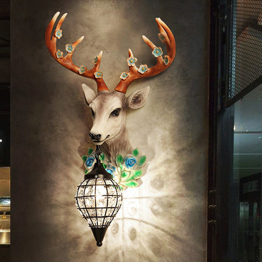 Faceted Crystal Sphere Wall Sconce Light - Black/White 1-Head Wall Lamp with Elk Decor in Grey/Yellow