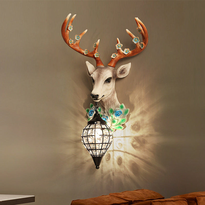 Faceted Crystal Sphere Wall Sconce Light - Black/White 1-Head Wall Lamp with Elk Decor in Grey/Yellow