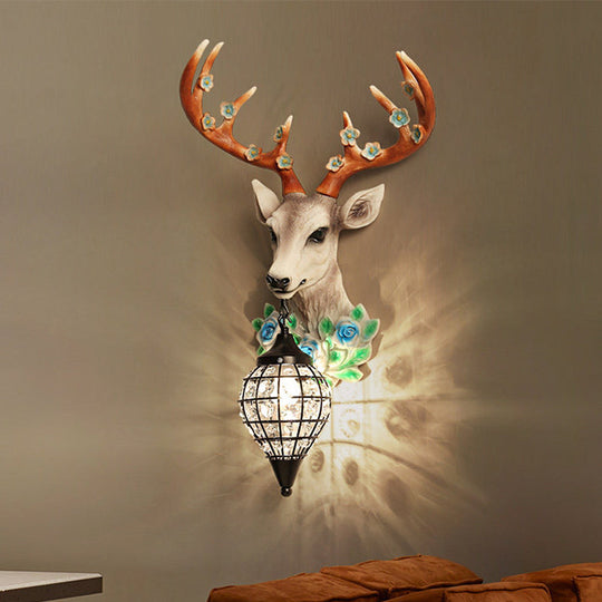 Faceted Crystal Sphere Wall Sconce Light - Black/White 1-Head Wall Lamp with Elk Decor in Grey/Yellow