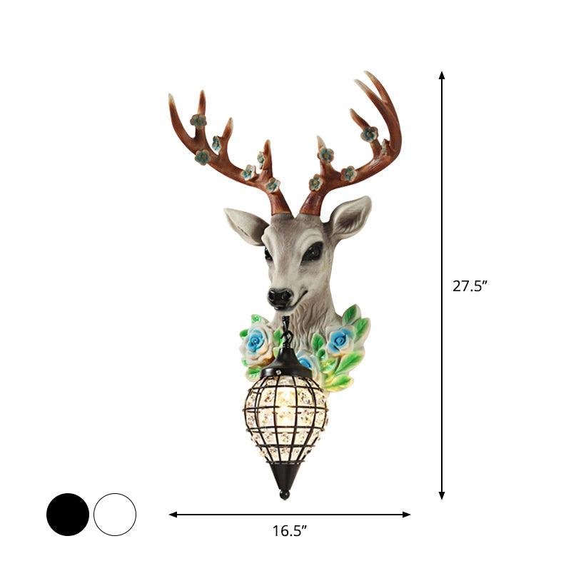 Faceted Crystal Sphere Wall Sconce Light - Black/White 1-Head Wall Lamp with Elk Decor in Grey/Yellow