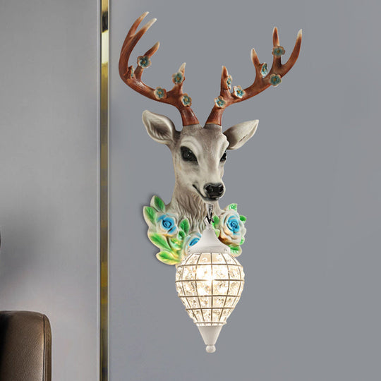 Faceted Crystal Sphere Wall Sconce Light - Black/White 1-Head Wall Lamp with Elk Decor in Grey/Yellow