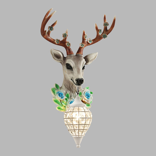 Faceted Crystal Sphere Wall Sconce Light - Black/White 1-Head Wall Lamp with Elk Decor in Grey/Yellow