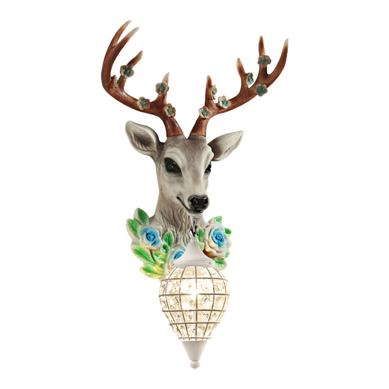 Faceted Crystal Sphere Wall Sconce Light - Black/White 1-Head Wall Lamp with Elk Decor in Grey/Yellow