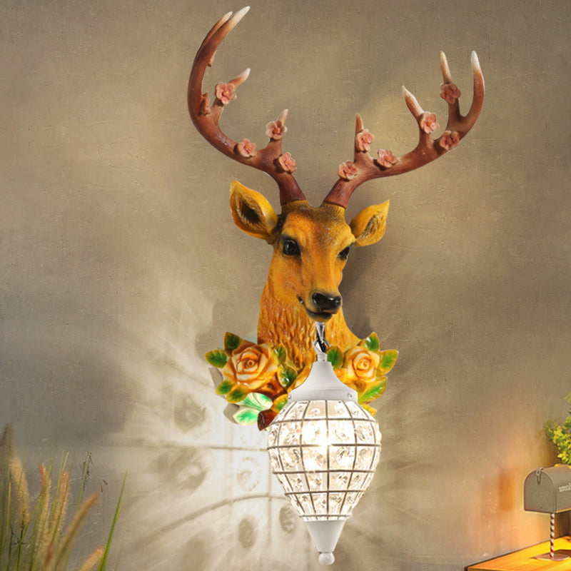 Faceted Crystal Sphere Wall Sconce Light - Black/White 1-Head Wall Lamp with Elk Decor in Grey/Yellow