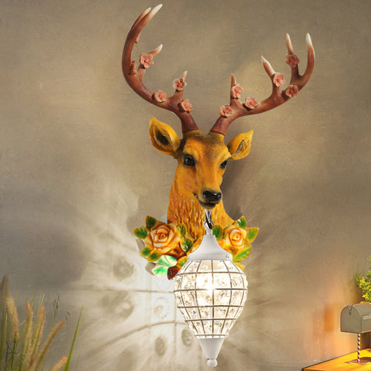 Faceted Crystal Sphere Wall Sconce Light - Black/White 1-Head Wall Lamp with Elk Decor in Grey/Yellow