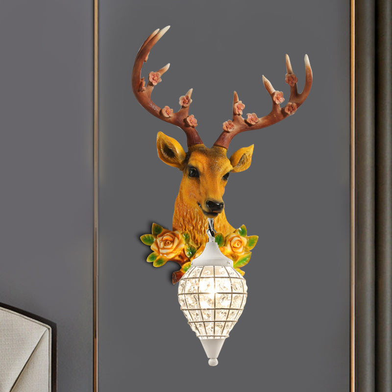 Faceted Crystal Sphere Wall Sconce Light - Black/White 1-Head Wall Lamp with Elk Decor in Grey/Yellow