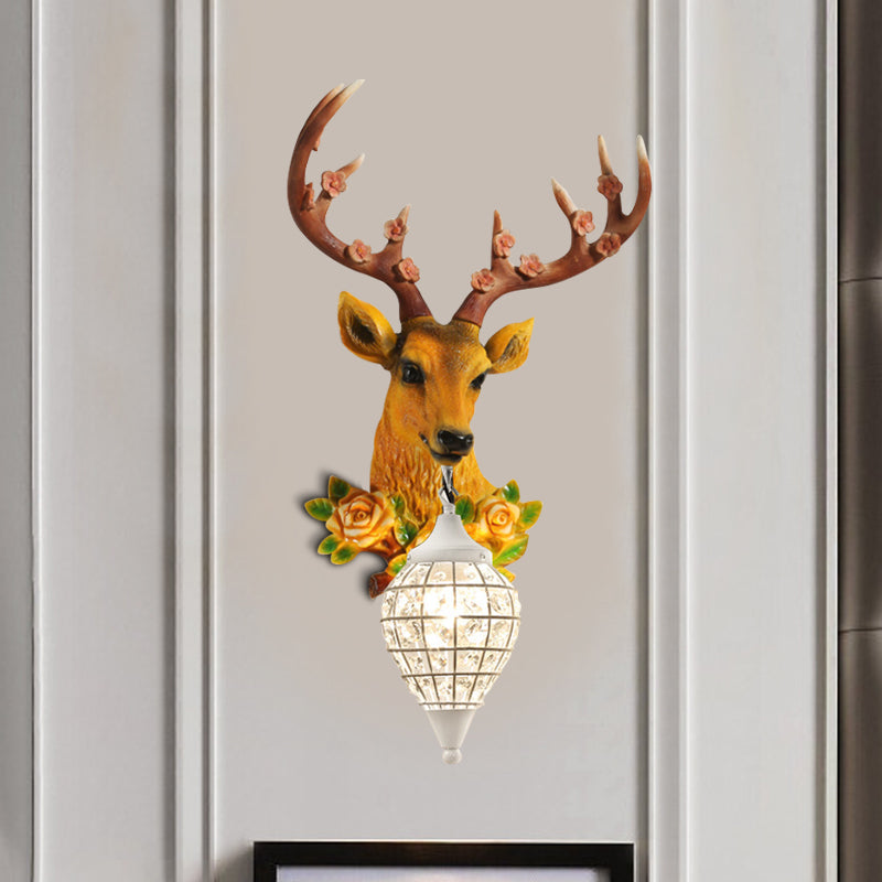 Faceted Crystal Sphere Wall Sconce Light - Black/White 1-Head Wall Lamp with Elk Decor in Grey/Yellow