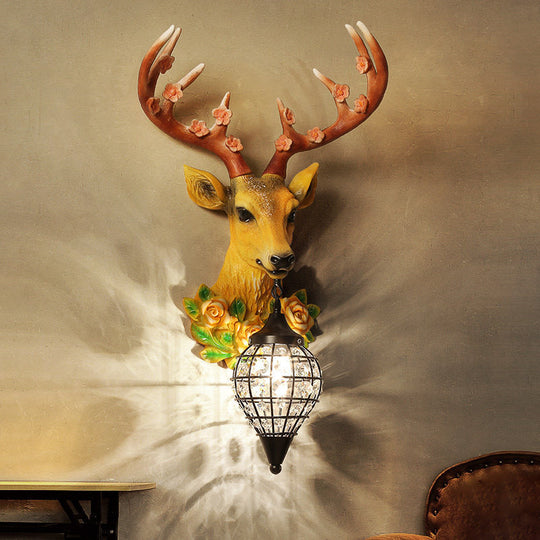 Faceted Crystal Sphere Wall Sconce Light - Black/White 1-Head Wall Lamp with Elk Decor in Grey/Yellow